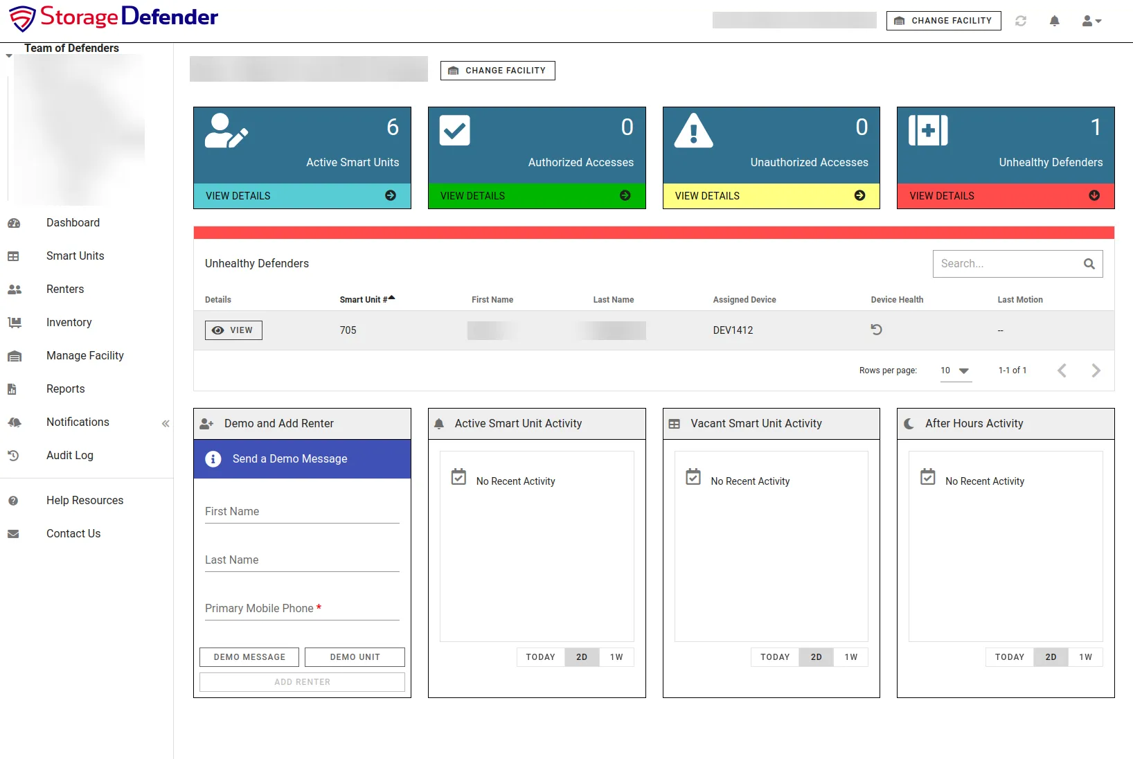 StorageDefender smart unit operational dashboard