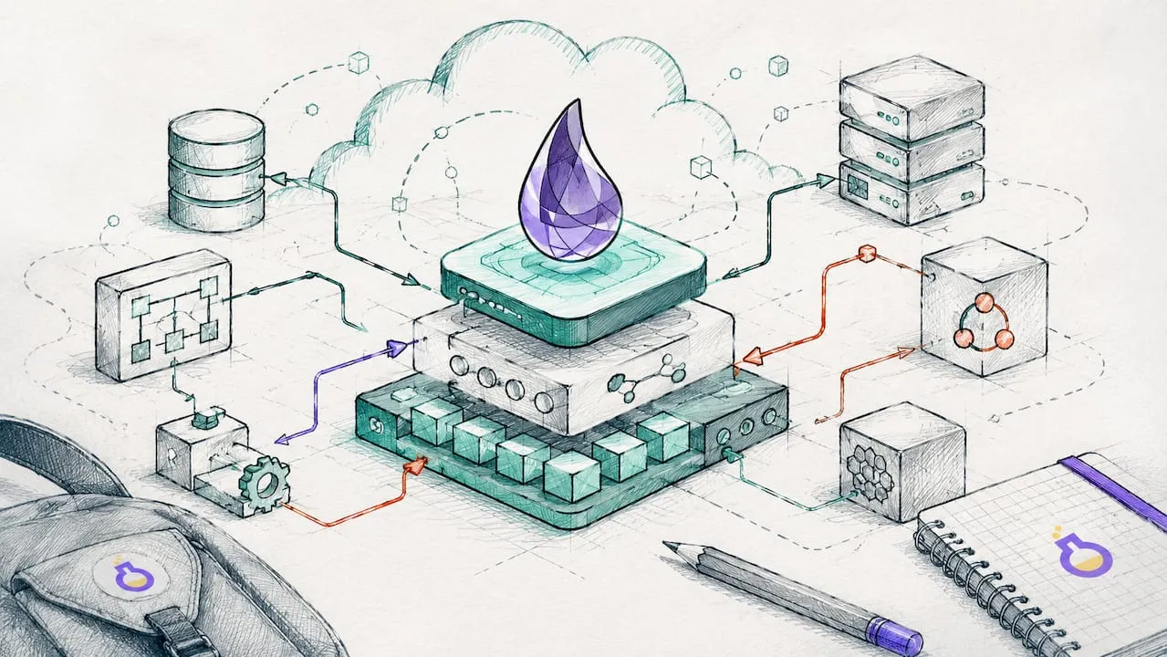 Illustration of Elixir running concurrent backend systems on the BEAM