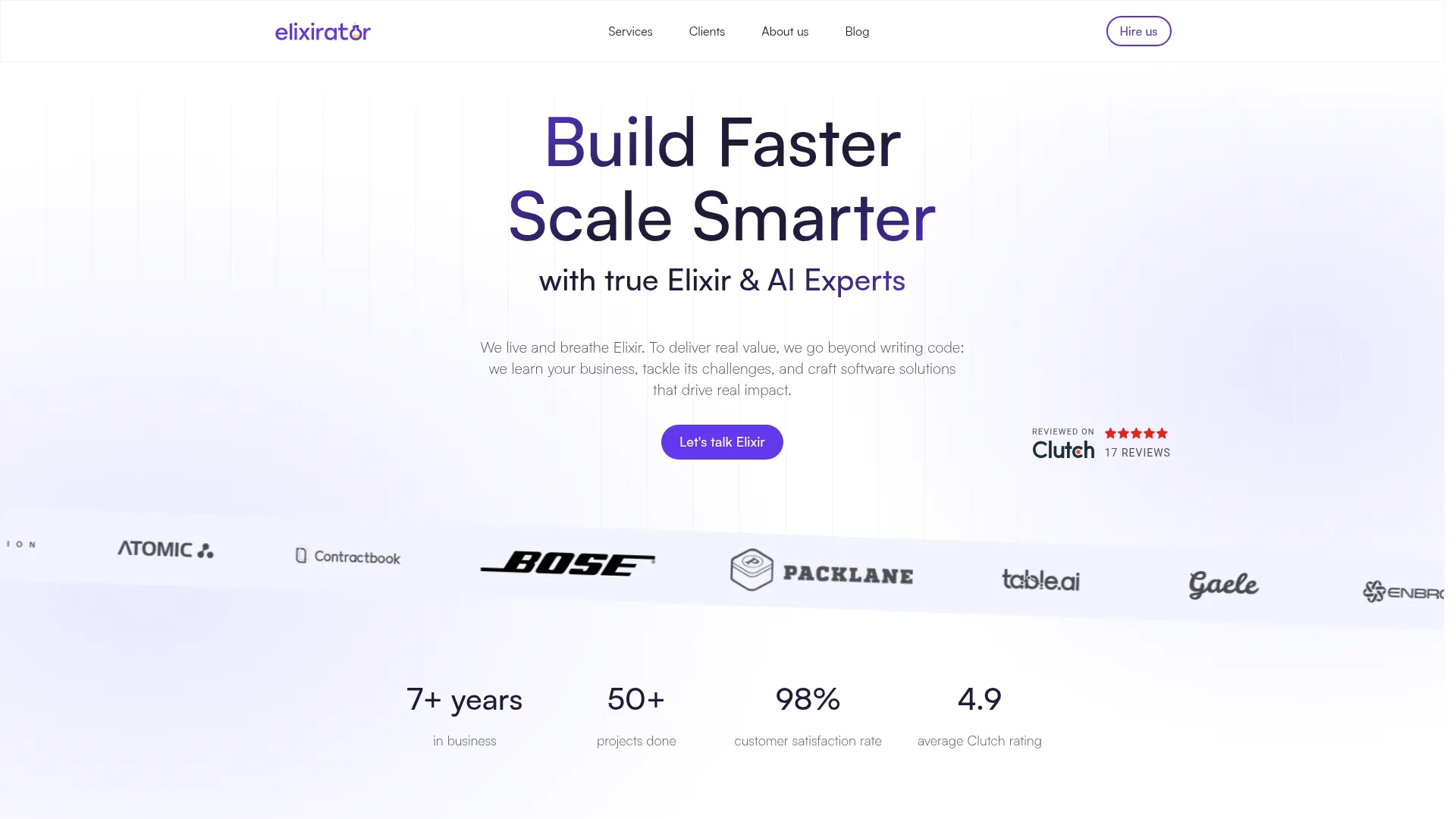 Elixirator website highlighting Elixir and AI expertise