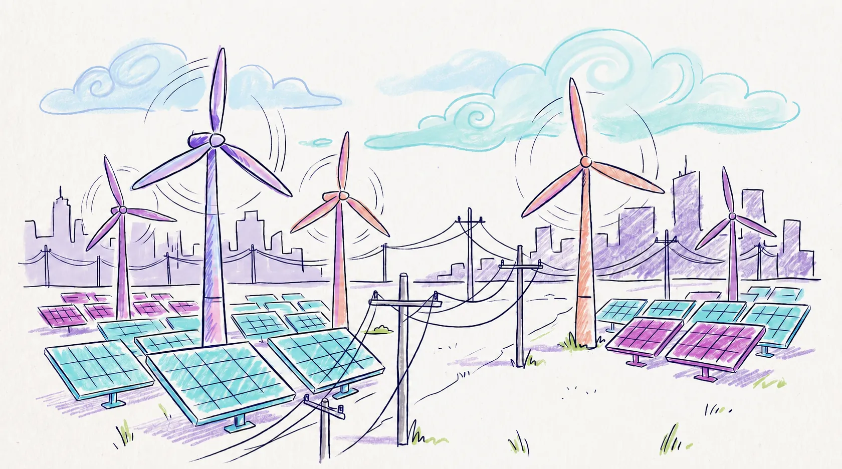 Wind turbines and solar arrays connected through a virtual power plant